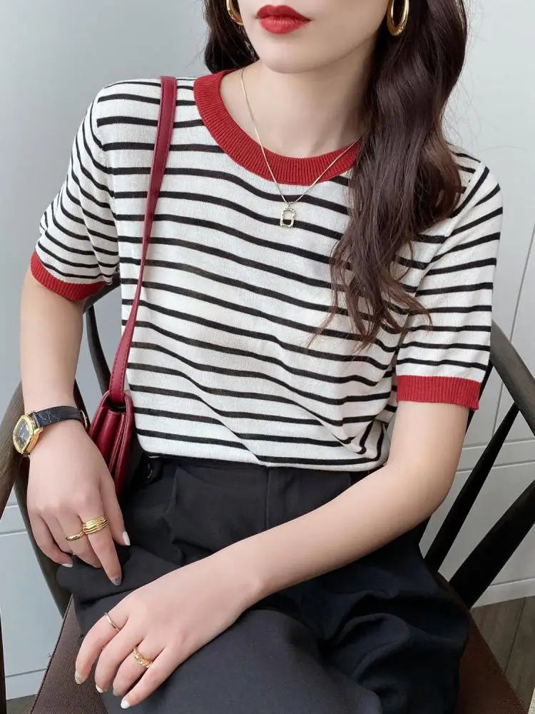 2025 Stripe Tops Women Knitted round Collar Summer Print Short Sleeve Casual Simple Wild T-Shirt