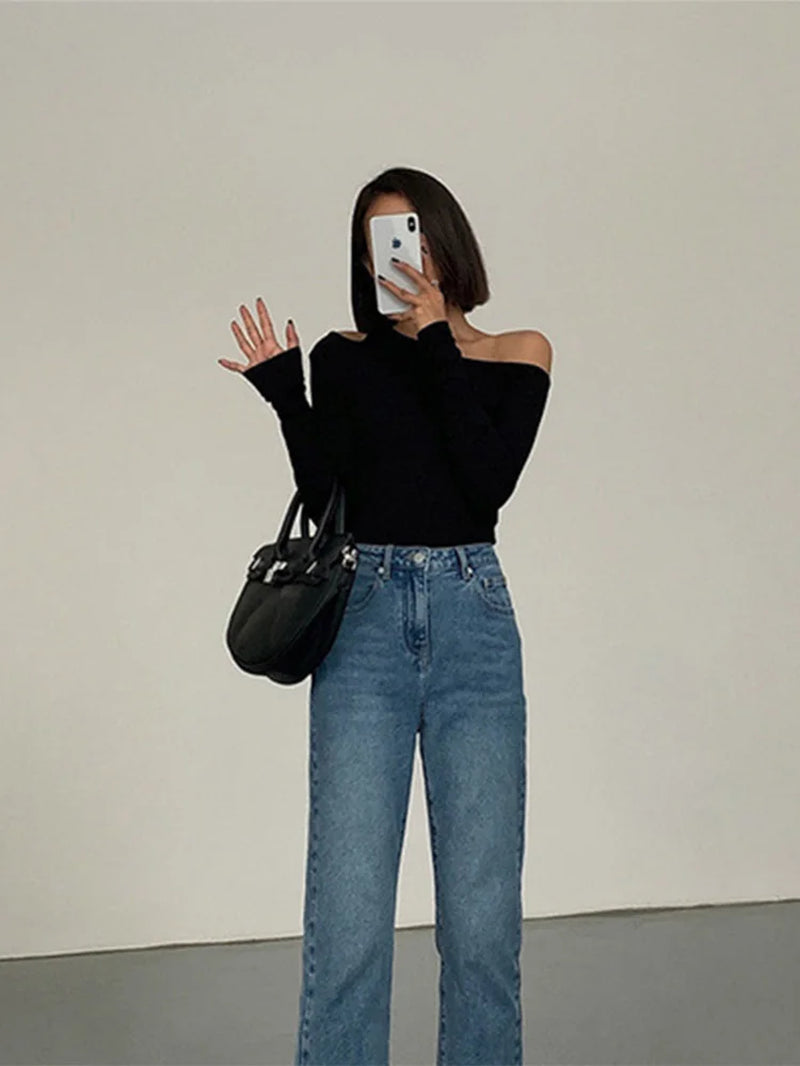 Fashion Skew Collar Off-Shoulder Long-Sleeved T-Shirts Women Spring New Solid Slim Fit Crop Top Sexy Hollow Out Tees Shirts