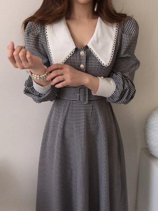 Plaid A-Line Dr Women'S Retro High Waist Belted Doll Collar Dr Korean Sle Long Dr with Belt Spring Season Long Sve