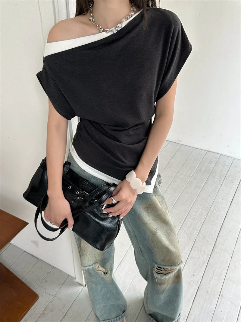 off Shoulder Patchwork Asymmetrical Top for Woman 2025 Summer T Shirt Designer Tees Solid Top Clothing