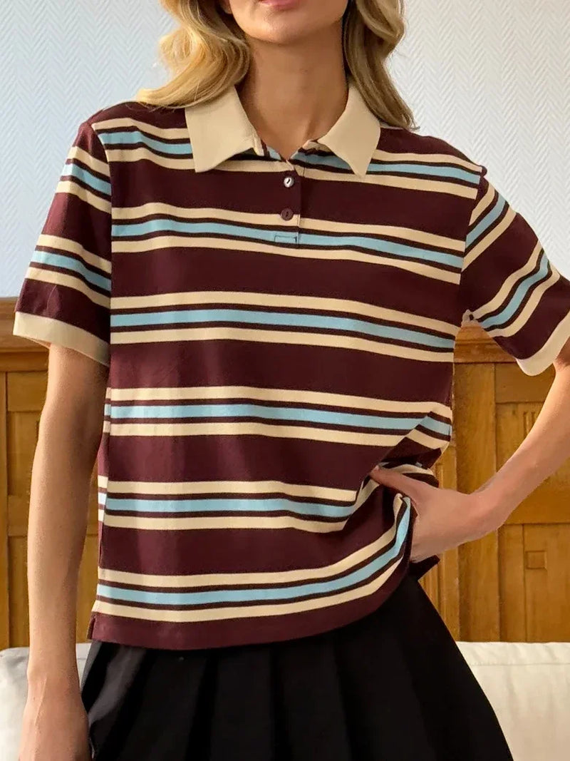 Polo Neck T Shirt Women Soft Chic Tees 95% Cotton Jumper Clothes Loose Casual Pullover 2025 Summer New Crop Tops364