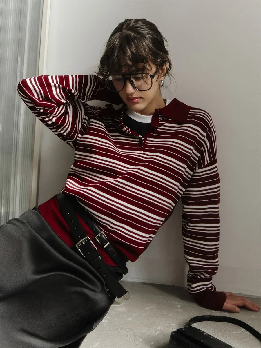 Wolfeel Women'S Vintage Contrast Striped Knitted Polo Collar T Shirt Spring Summer Long Sleeve Fashion Retro Casual Trend Top