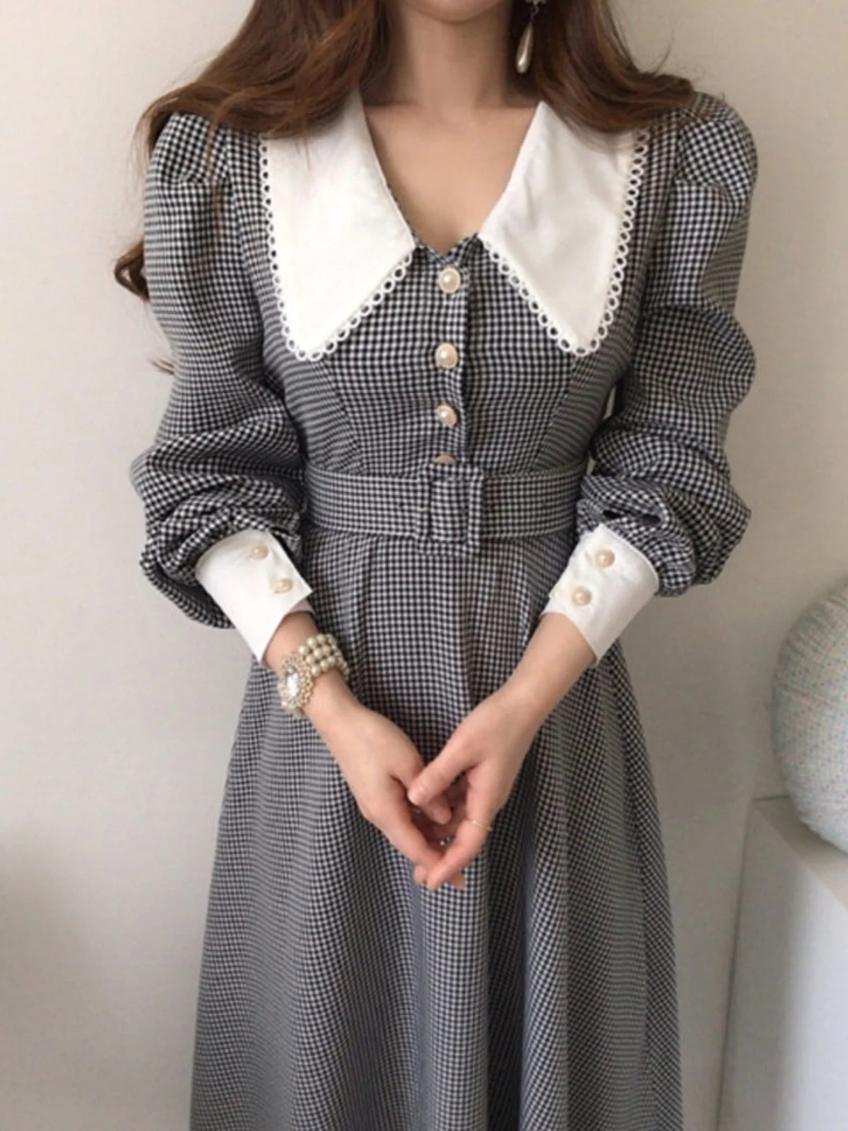 Plaid A-Line Dr Women'S Retro High Waist Belted Doll Collar Dr Korean Sle Long Dr with Belt Spring Season Long Sve