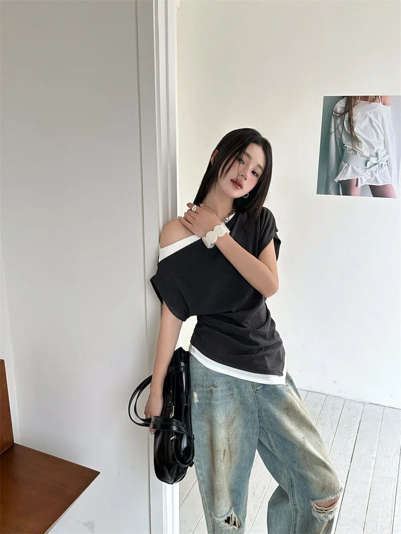 off Shoulder Patchwork Asymmetrical Top for Woman 2025 Summer T Shirt Designer Tees Solid Top Clothing