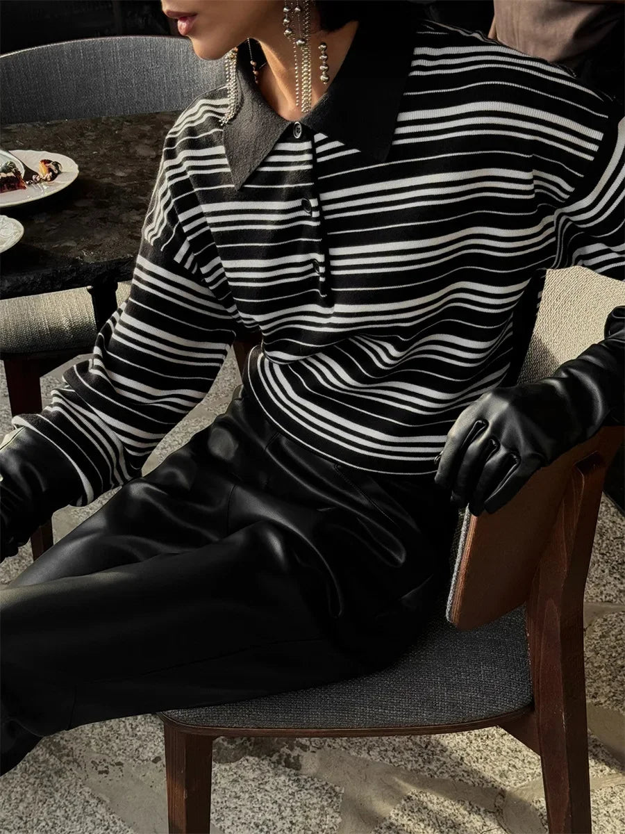 Wolfeel Women'S Vintage Contrast Striped Knitted Polo Collar T Shirt Spring Summer Long Sleeve Fashion Retro Casual Trend Top