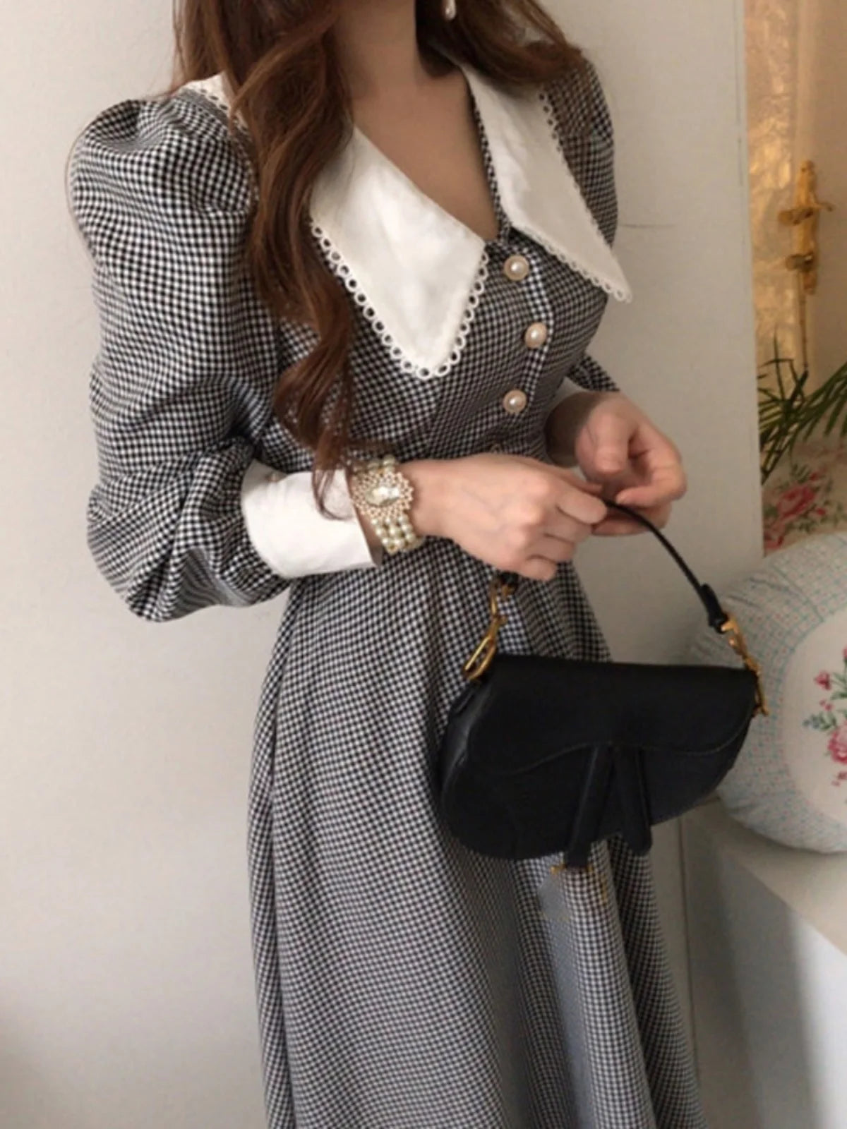Plaid A-Line Dr Women'S Retro High Waist Belted Doll Collar Dr Korean Sle Long Dr with Belt Spring Season Long Sve
