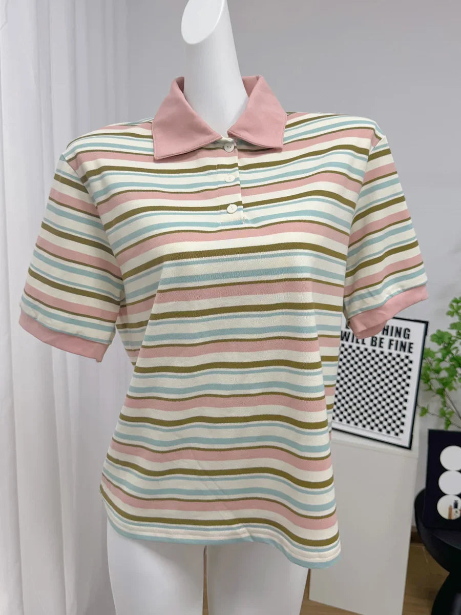 Polo Neck T Shirt Women Soft Chic Tees 95% Cotton Jumper Clothes Loose Casual Pullover 2025 Summer New Crop Tops364