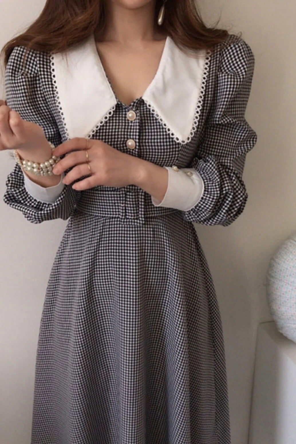 Plaid A-Line Dr Women'S Retro High Waist Belted Doll Collar Dr Korean Sle Long Dr with Belt Spring Season Long Sve