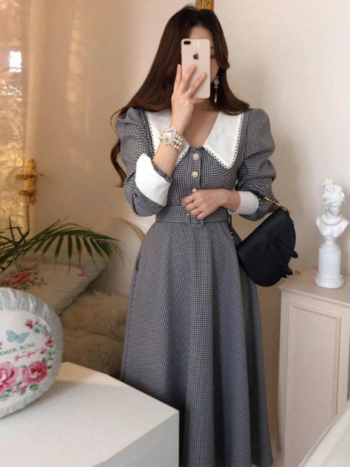 Plaid A-Line Dr Women'S Retro High Waist Belted Doll Collar Dr Korean Sle Long Dr with Belt Spring Season Long Sve