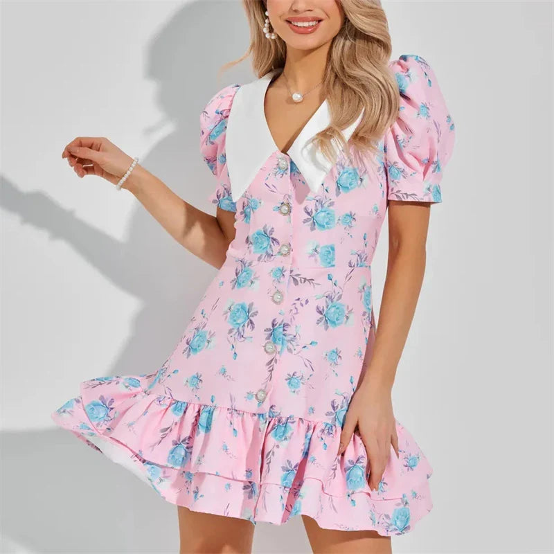 Print Puff Sleeves Ruffled Dress Women'S V-Neck High Waist Pearl Buttons Mini Dress Female Casual Vacation Fashion Dress