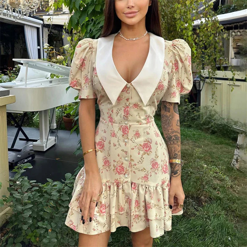 Print Puff Sleeves Ruffled Dress Women'S V-Neck High Waist Pearl Buttons Mini Dress Female Casual Vacation Fashion Dress