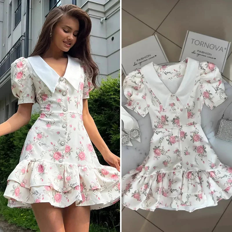 Print Puff Sleeves Ruffled Dress Women'S V-Neck High Waist Pearl Buttons Mini Dress Female Casual Vacation Fashion Dress