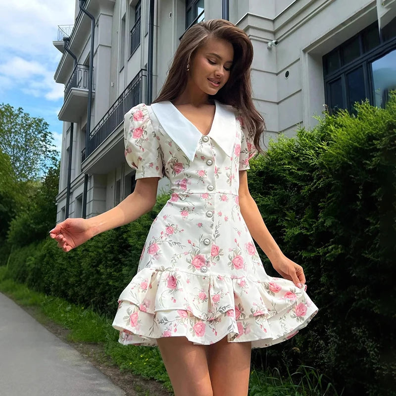 Print Puff Sleeves Ruffled Dress Women'S V-Neck High Waist Pearl Buttons Mini Dress Female Casual Vacation Fashion Dress