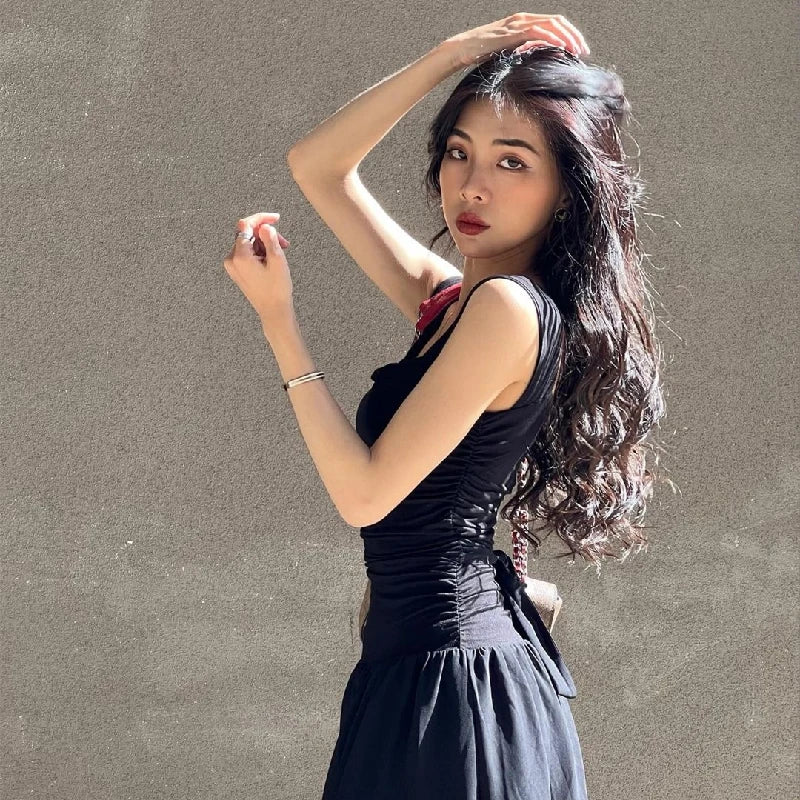 Elegant Slip Long Dresses Sexy Women Ruched Bodycon Solid Maxi Dress Spring Y2K Summer Temperament High-Waist Vestidos