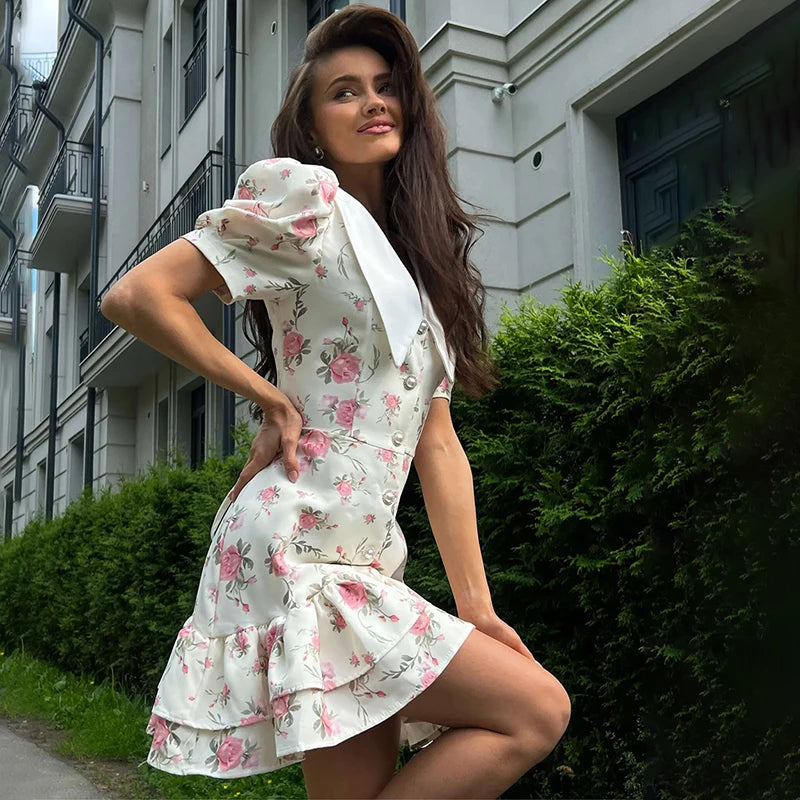 Print Puff Sleeves Ruffled Dress Women'S V-Neck High Waist Pearl Buttons Mini Dress Female Casual Vacation Fashion Dress