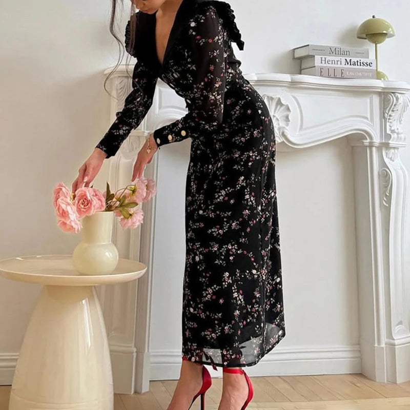 Retro Print Dress Women'S Ruffled Lapel Long Sleeve Metal Buttons Zipper Dress Female Summer Elegant Party Slim Dress