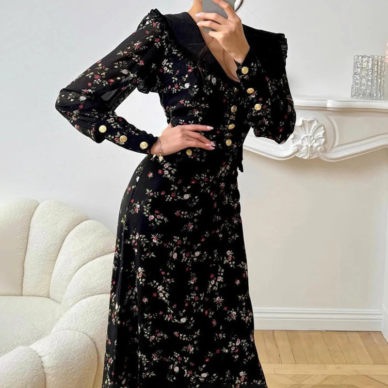 Retro Print Dress Women'S Ruffled Lapel Long Sleeve Metal Buttons Zipper Dress Female Summer Elegant Party Slim Dress