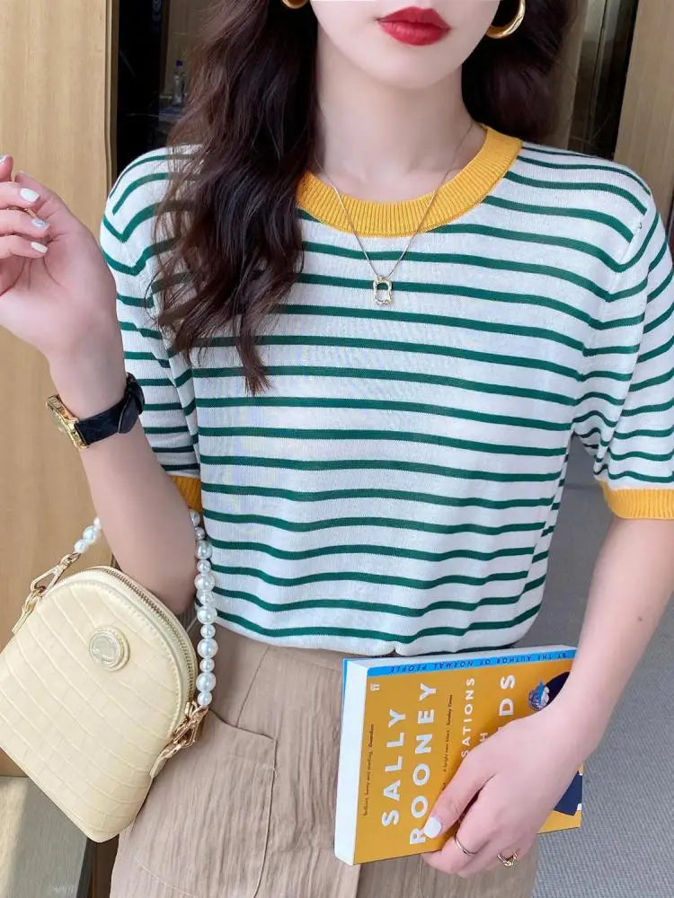 2025 Stripe Tops Women Knitted round Collar Summer Print Short Sleeve Casual Simple Wild T-Shirt