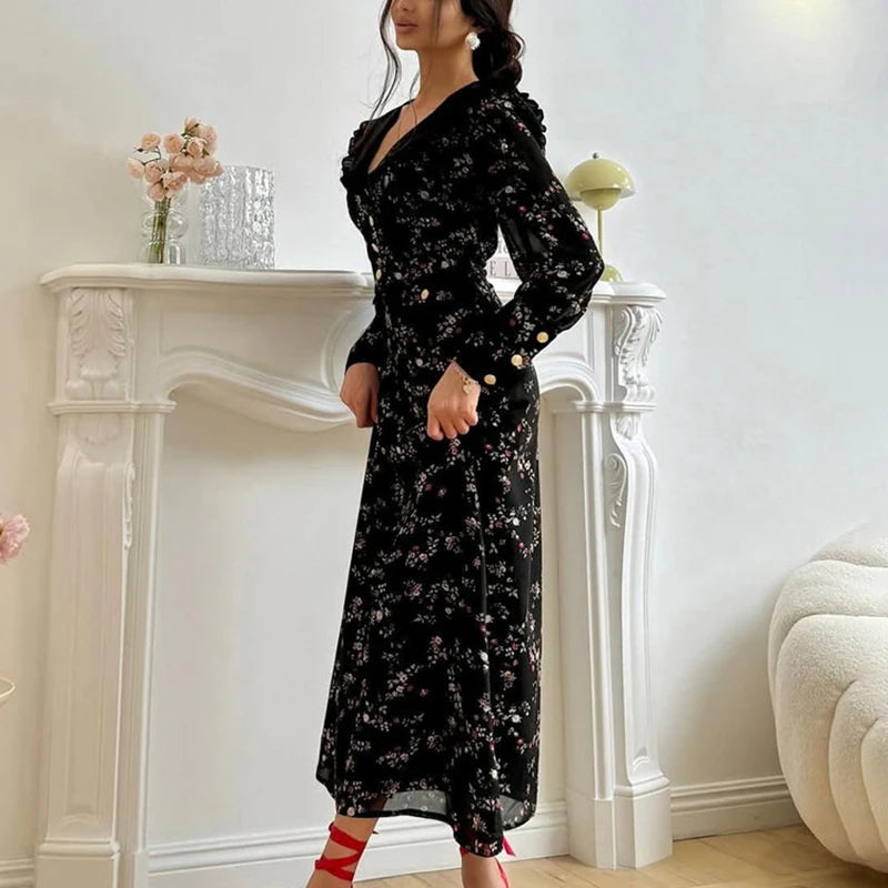 Retro Print Dress Women'S Ruffled Lapel Long Sleeve Metal Buttons Zipper Dress Female Summer Elegant Party Slim Dress