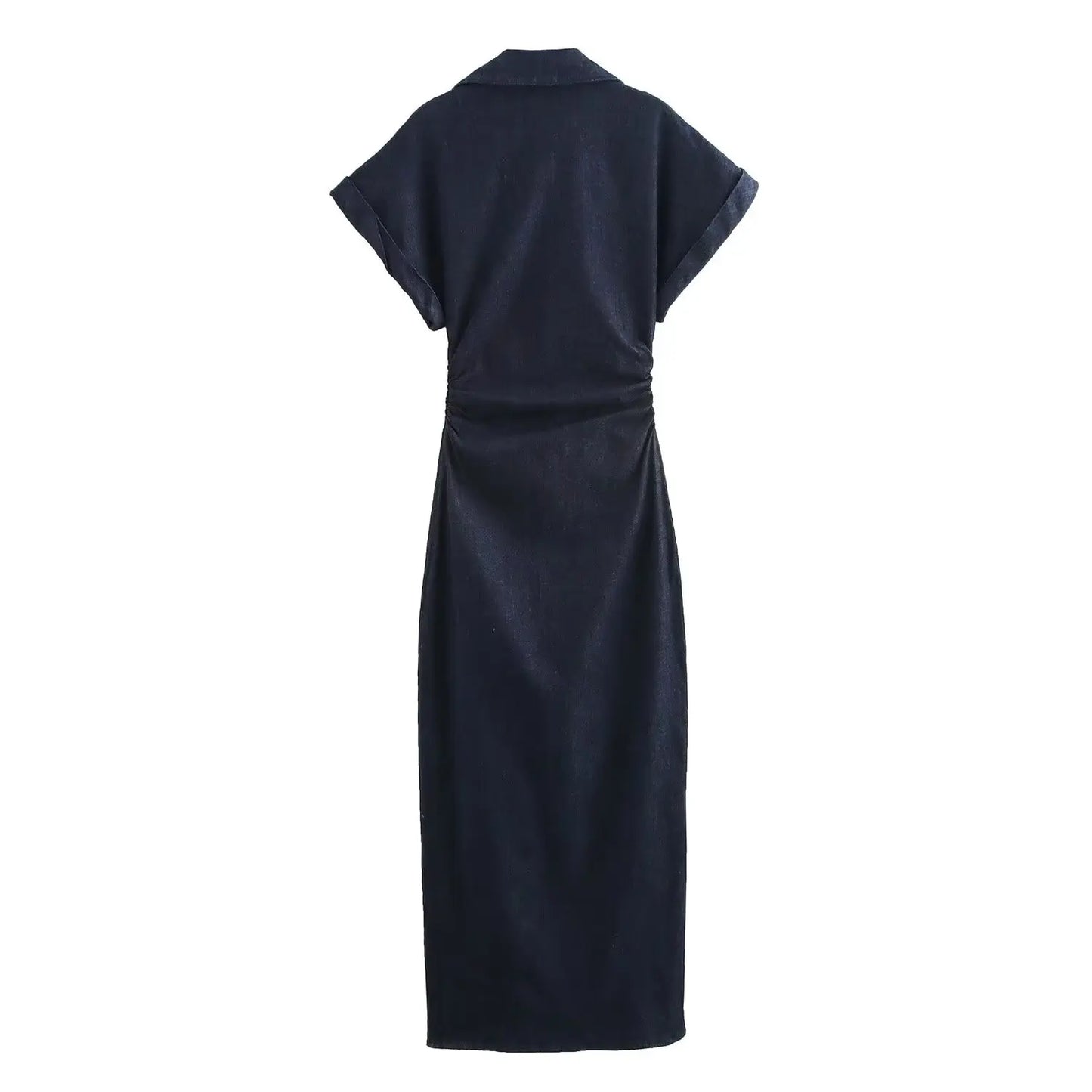 2025 Spring New 1975 Series Denim MIDI Dress with Lapel Side Zipper Fashion Wrinkle Waist Slim Elegant Dress