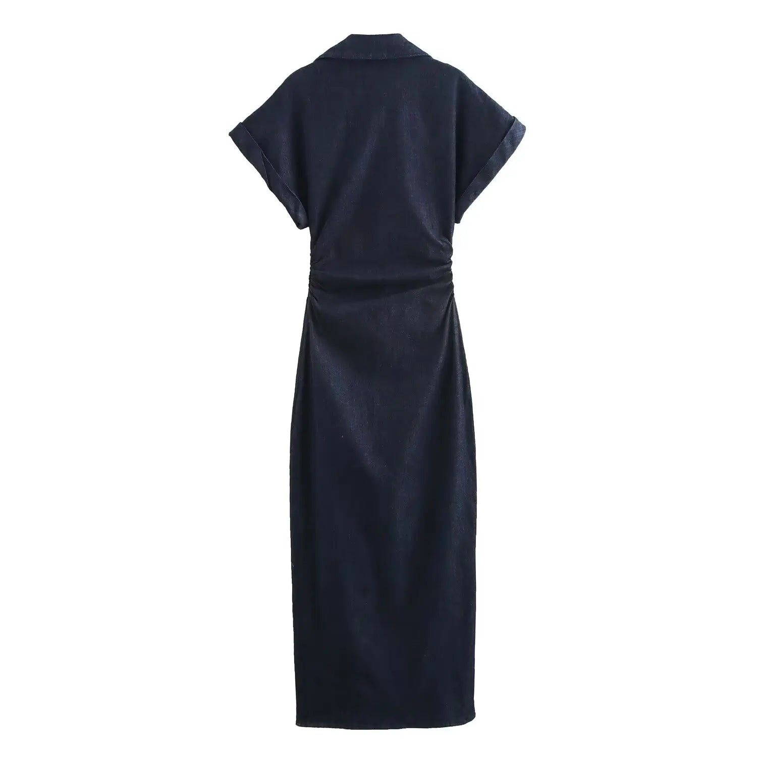 2025 Spring New 1975 Series Denim MIDI Dress with Lapel Side Zipper Fashion Wrinkle Waist Slim Elegant Dress