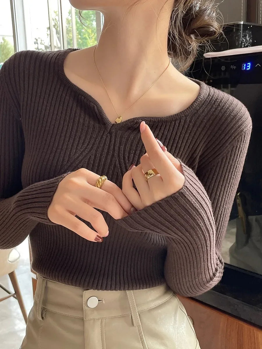2025 Basic V-Neck Chic Autumn Winter Pullover Women Female Knitted Ribbed Sweater Slim Long Sleeve Badycon High Quality Sweater