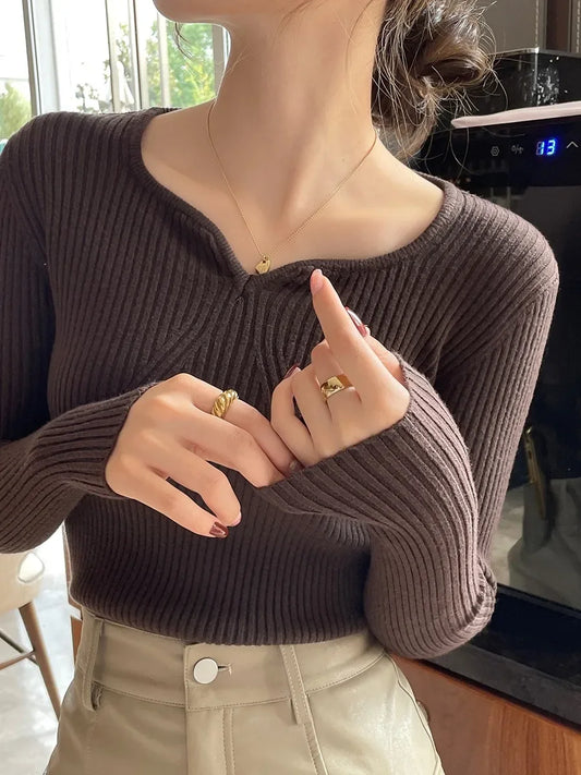 2025 Basic V-Neck Chic Autumn Winter Pullover Women Female Knitted Ribbed Sweater Slim Long Sleeve Badycon High Quality Sweater