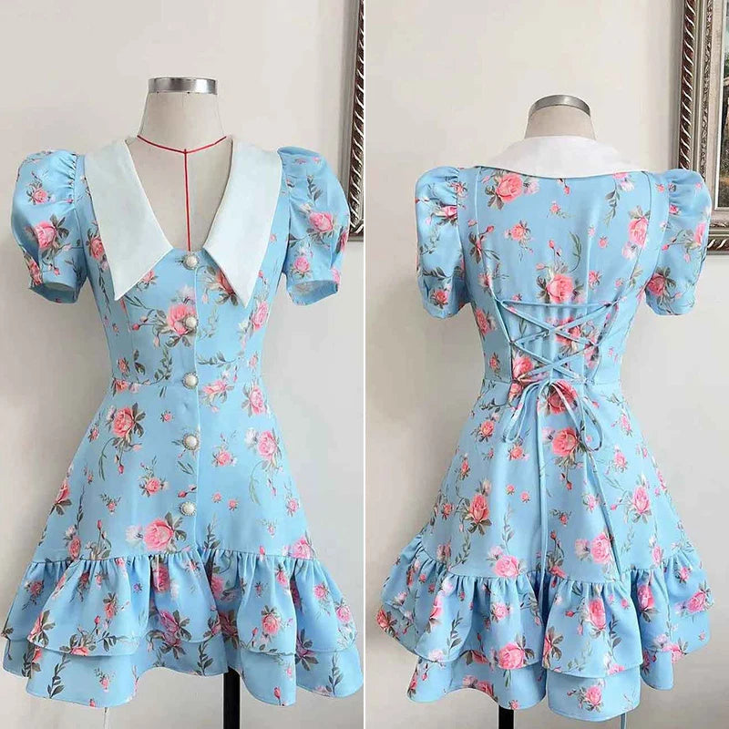 Print Puff Sleeves Ruffled Dress Women'S V-Neck High Waist Pearl Buttons Mini Dress Female Casual Vacation Fashion Dress