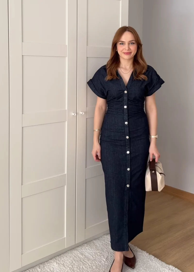 2025 Spring New 1975 Series Denim MIDI Dress with Lapel Side Zipper Fashion Wrinkle Waist Slim Elegant Dress