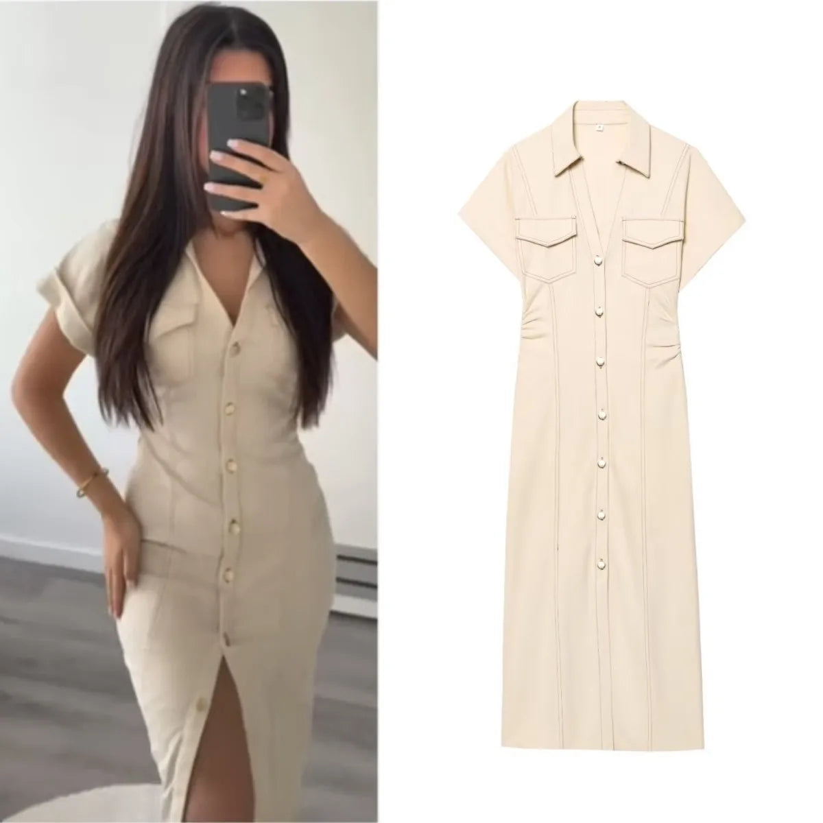 2025 Spring New 1975 Series Denim MIDI Dress with Lapel Side Zipper Fashion Wrinkle Waist Slim Elegant Dress