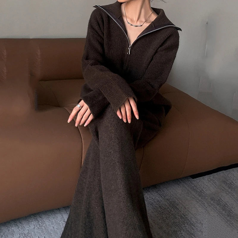 Spring Autumn New Solid Knit Two-Piece Set Women Lapel Half-Zipper Pullover Sweater+High Waist Wide Leg Pants Women Knitted Suit