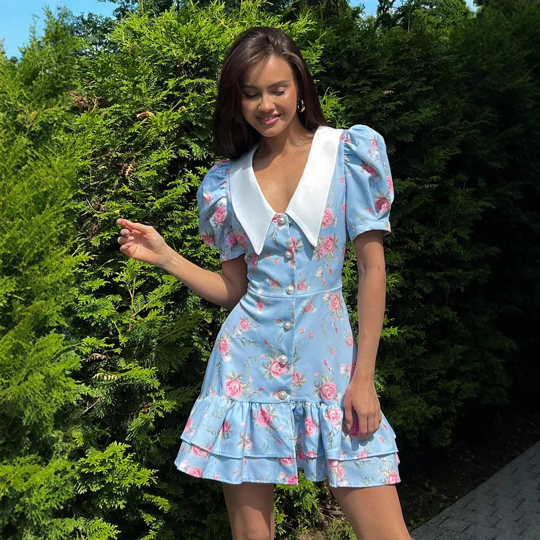 Print Puff Sleeves Ruffled Dress Women'S V-Neck High Waist Pearl Buttons Mini Dress Female Casual Vacation Fashion Dress