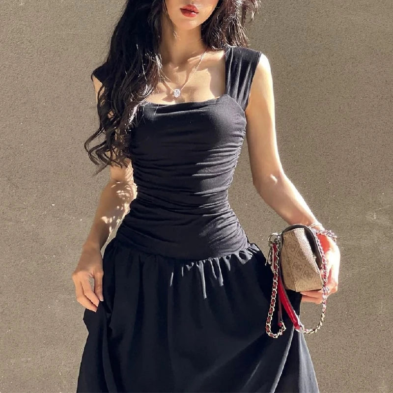 Elegant Slip Long Dresses Sexy Women Ruched Bodycon Solid Maxi Dress Spring Y2K Summer Temperament High-Waist Vestidos