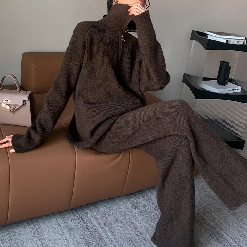 Spring Autumn New Solid Knit Two-Piece Set Women Lapel Half-Zipper Pullover Sweater+High Waist Wide Leg Pants Women Knitted Suit