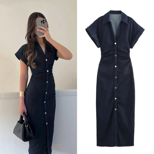 2025 Spring New 1975 Series Denim MIDI Dress with Lapel Side Zipper Fashion Wrinkle Waist Slim Elegant Dress