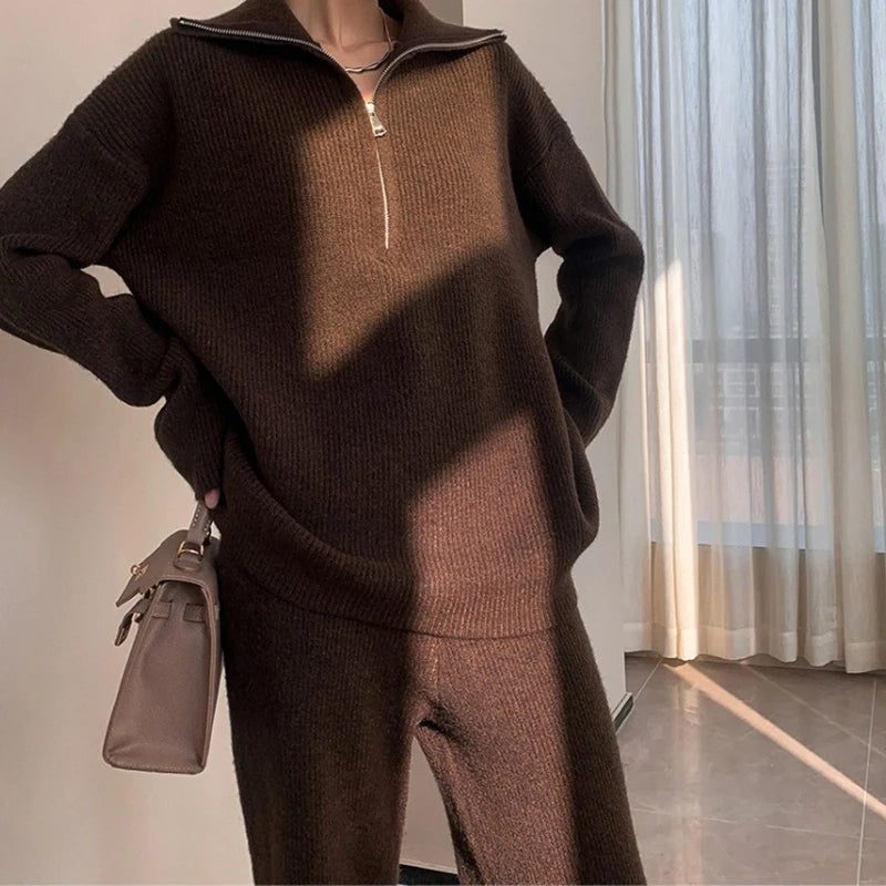 Spring Autumn New Solid Knit Two-Piece Set Women Lapel Half-Zipper Pullover Sweater+High Waist Wide Leg Pants Women Knitted Suit
