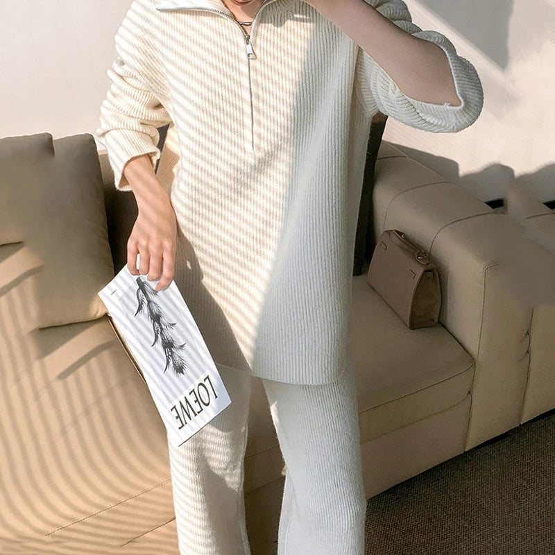 Spring Autumn New Solid Knit Two-Piece Set Women Lapel Half-Zipper Pullover Sweater+High Waist Wide Leg Pants Women Knitted Suit