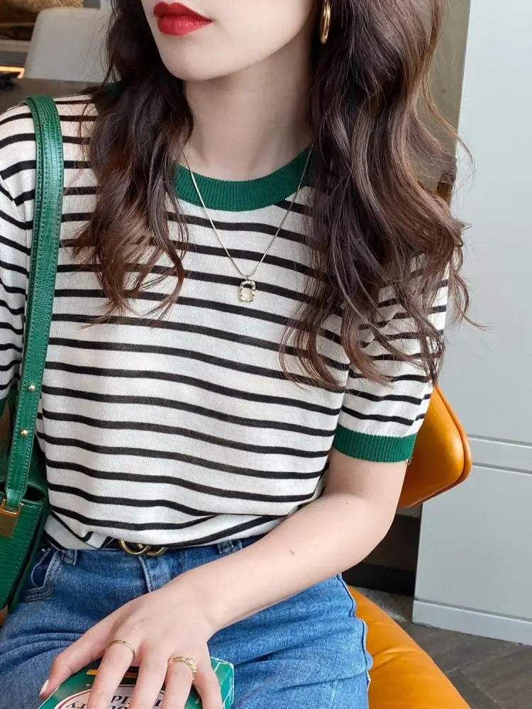 2025 Stripe Tops Women Knitted round Collar Summer Print Short Sleeve Casual Simple Wild T-Shirt