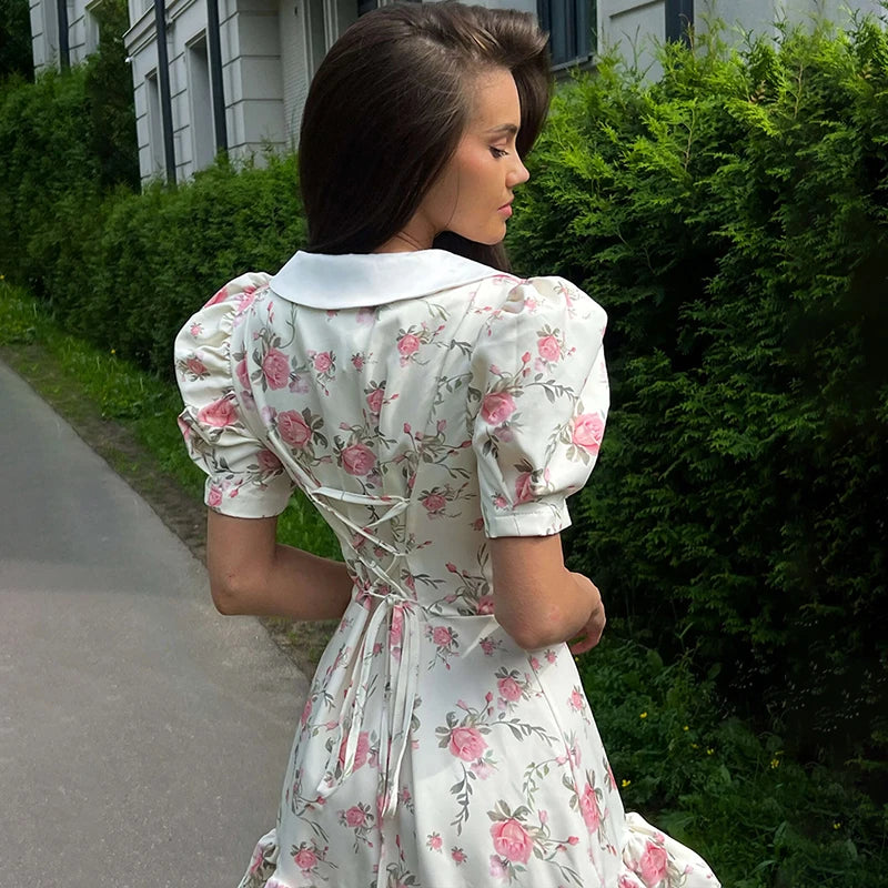 Print Puff Sleeves Ruffled Dress Women'S V-Neck High Waist Pearl Buttons Mini Dress Female Casual Vacation Fashion Dress
