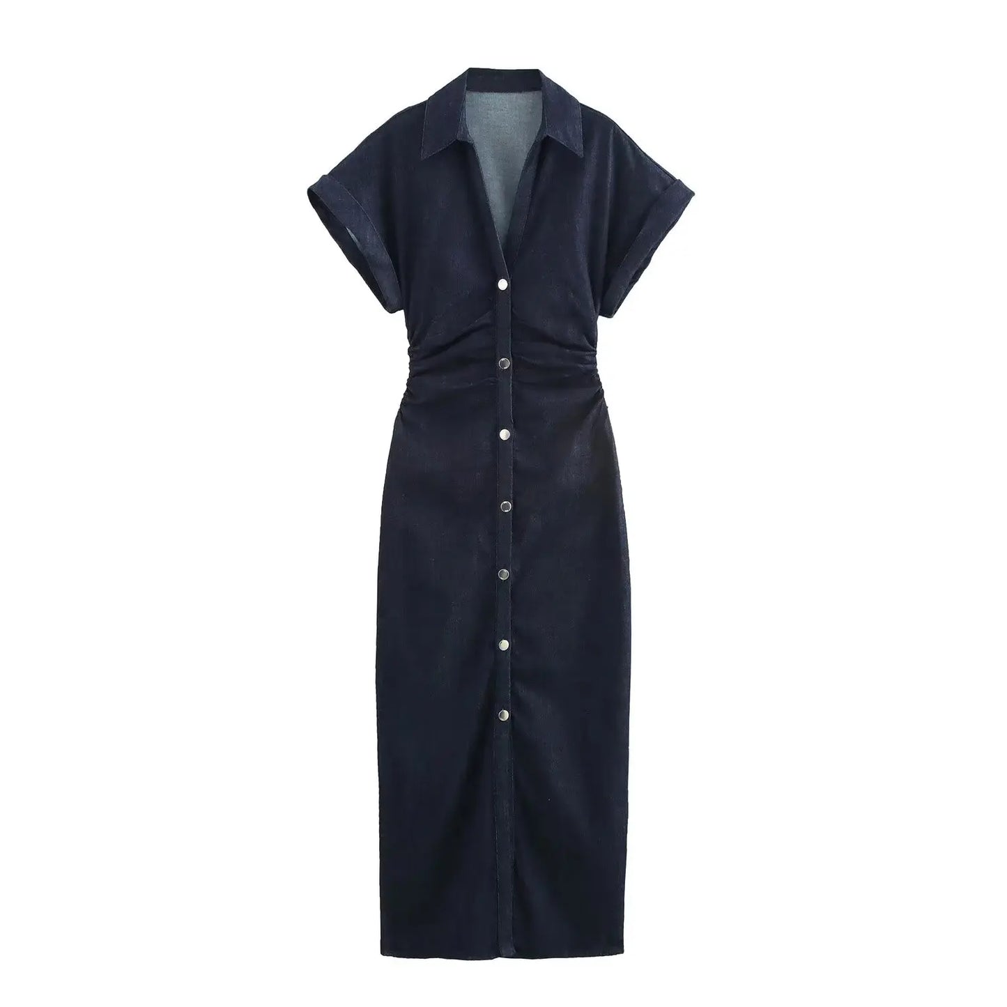 2025 Spring New 1975 Series Denim MIDI Dress with Lapel Side Zipper Fashion Wrinkle Waist Slim Elegant Dress