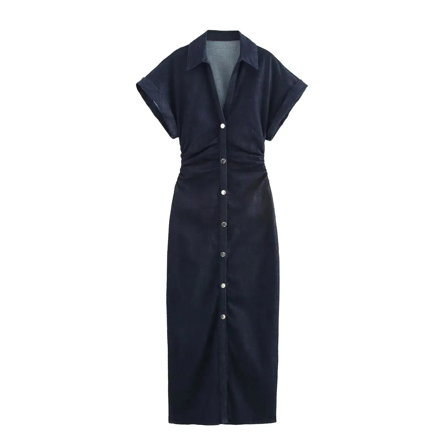 2025 Spring New 1975 Series Denim MIDI Dress with Lapel Side Zipper Fashion Wrinkle Waist Slim Elegant Dress