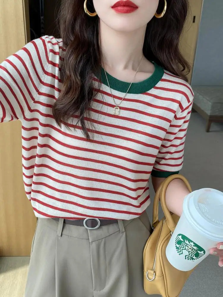 2025 Stripe Tops Women Knitted round Collar Summer Print Short Sleeve Casual Simple Wild T-Shirt
