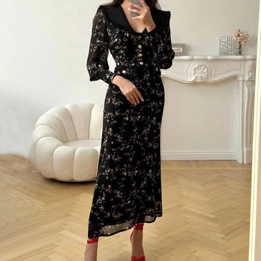 Retro Print Dress Women'S Ruffled Lapel Long Sleeve Metal Buttons Zipper Dress Female Summer Elegant Party Slim Dress
