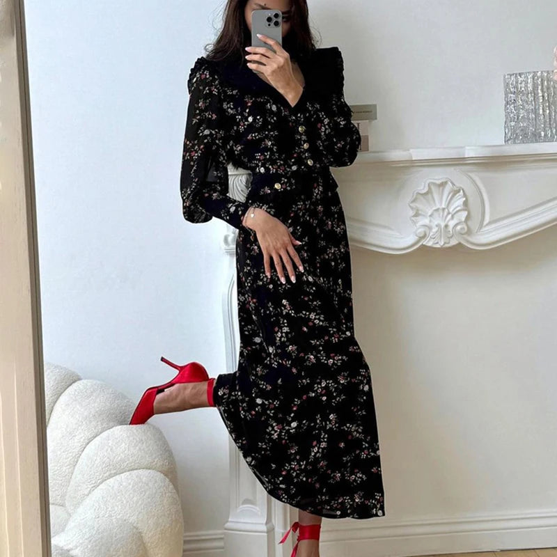 Retro Print Dress Women'S Ruffled Lapel Long Sleeve Metal Buttons Zipper Dress Female Summer Elegant Party Slim Dress