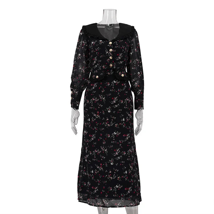 Retro Print Dress Women'S Ruffled Lapel Long Sleeve Metal Buttons Zipper Dress Female Summer Elegant Party Slim Dress
