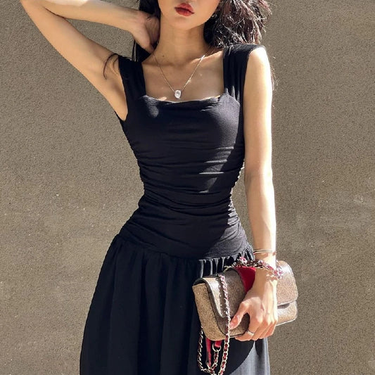 Elegant Slip Long Dresses Sexy Women Ruched Bodycon Solid Maxi Dress Spring Y2K Summer Temperament High-Waist Vestidos