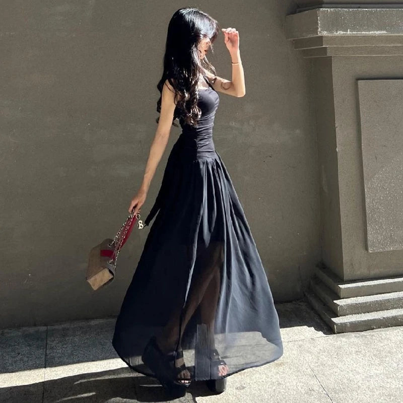 Elegant Slip Long Dresses Sexy Women Ruched Bodycon Solid Maxi Dress Spring Y2K Summer Temperament High-Waist Vestidos