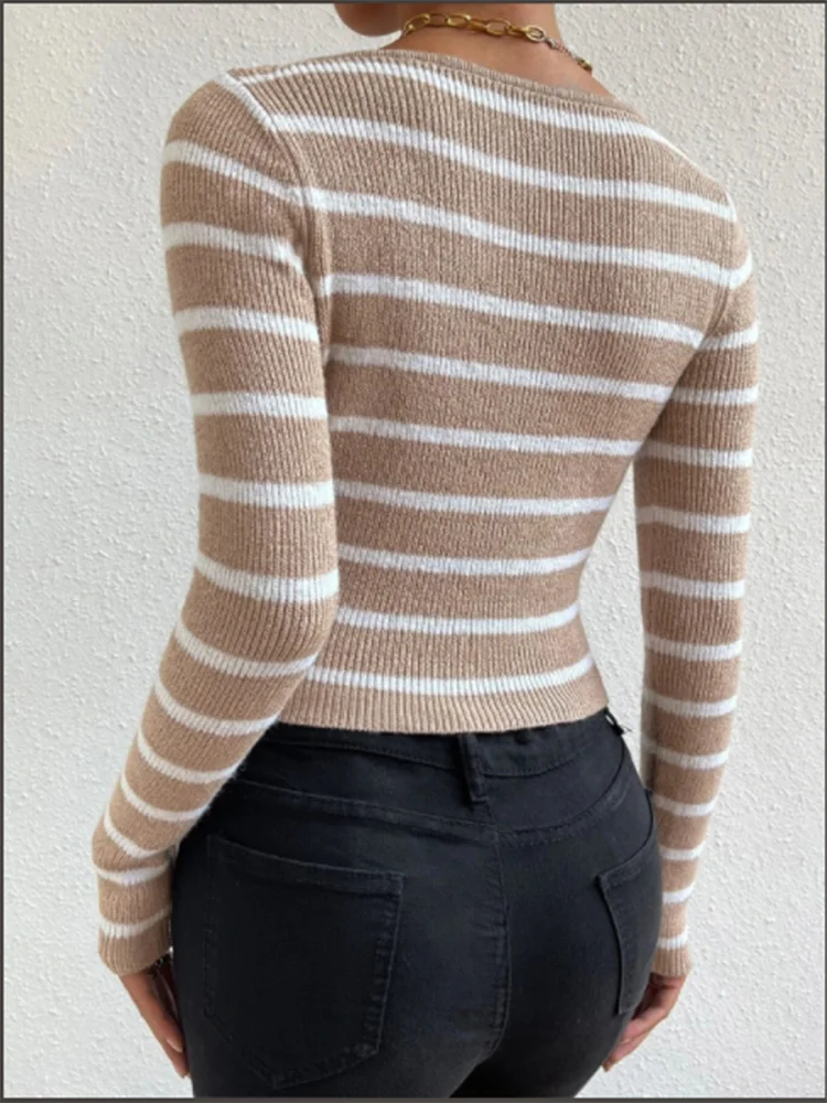 Khaki Striped Long Sleeved Semi Open Neck Slim T-Shirt Women'S Sexy Daily Y2K Autumn Top