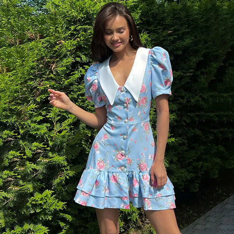 Print Puff Sleeves Ruffled Dress Women'S V-Neck High Waist Pearl Buttons Mini Dress Female Casual Vacation Fashion Dress