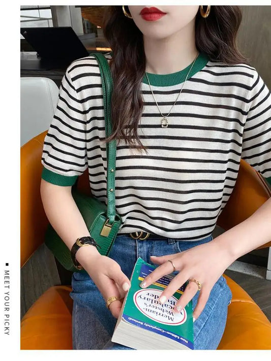 2025 Stripe Tops Women Knitted round Collar Summer Print Short Sleeve Casual Simple Wild T-Shirt